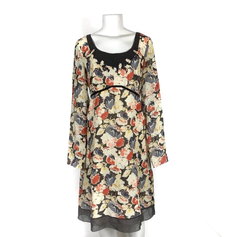 Theory Dress Floral Tunic Polka Dot 100% Silk Embroidered Fall Office Siren Boho